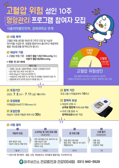 파주보건소, 고혈압 위험 성인 10주 영양관리 프로그램 참여자 모집 기사 이미지
